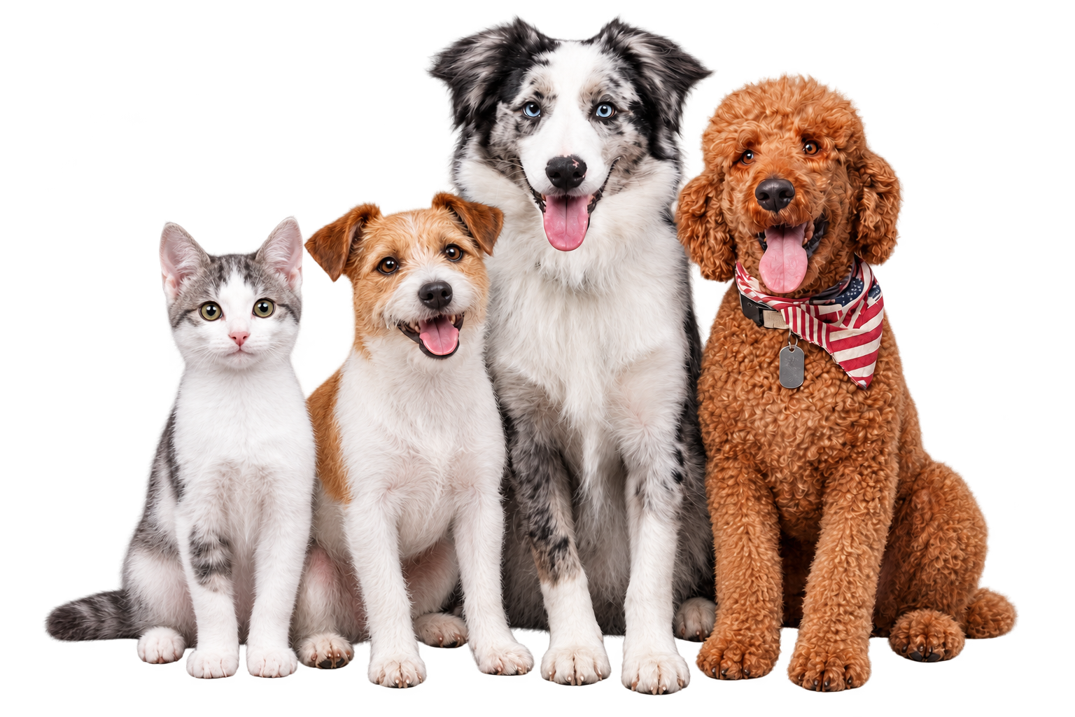Studio photo composite of a kitten, terrier, merle dog and brown poodle facing the camera